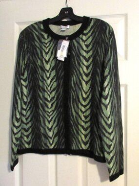 NWT INVESTMENTS 100% Cashmere Cardigan Sweater Green & Black  Size L